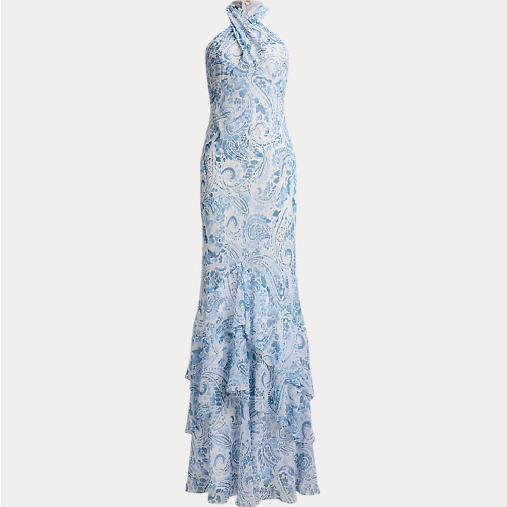 Sleeveless Blue Paisley Halter Maxi Dress